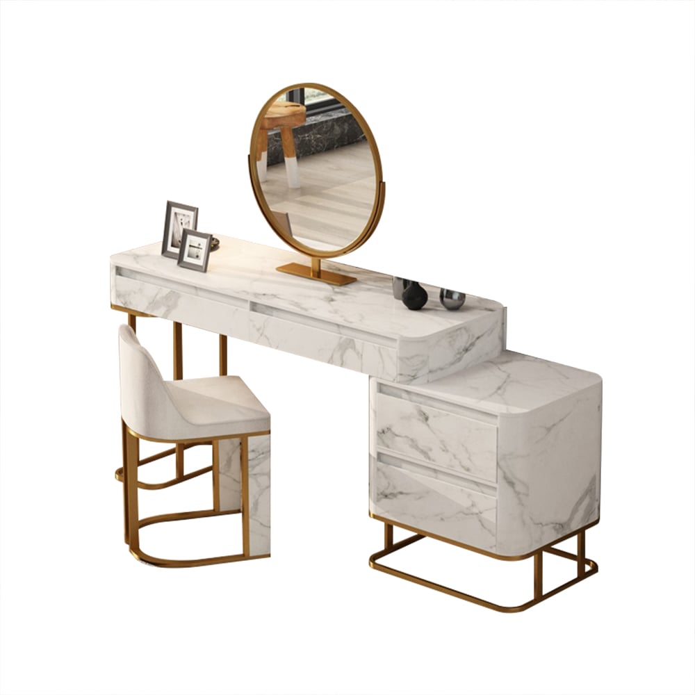 Nordic Sintered Stone Top Make-up ijdelheid met bijzettafel en kruk en spiegel Vensterafbeelding