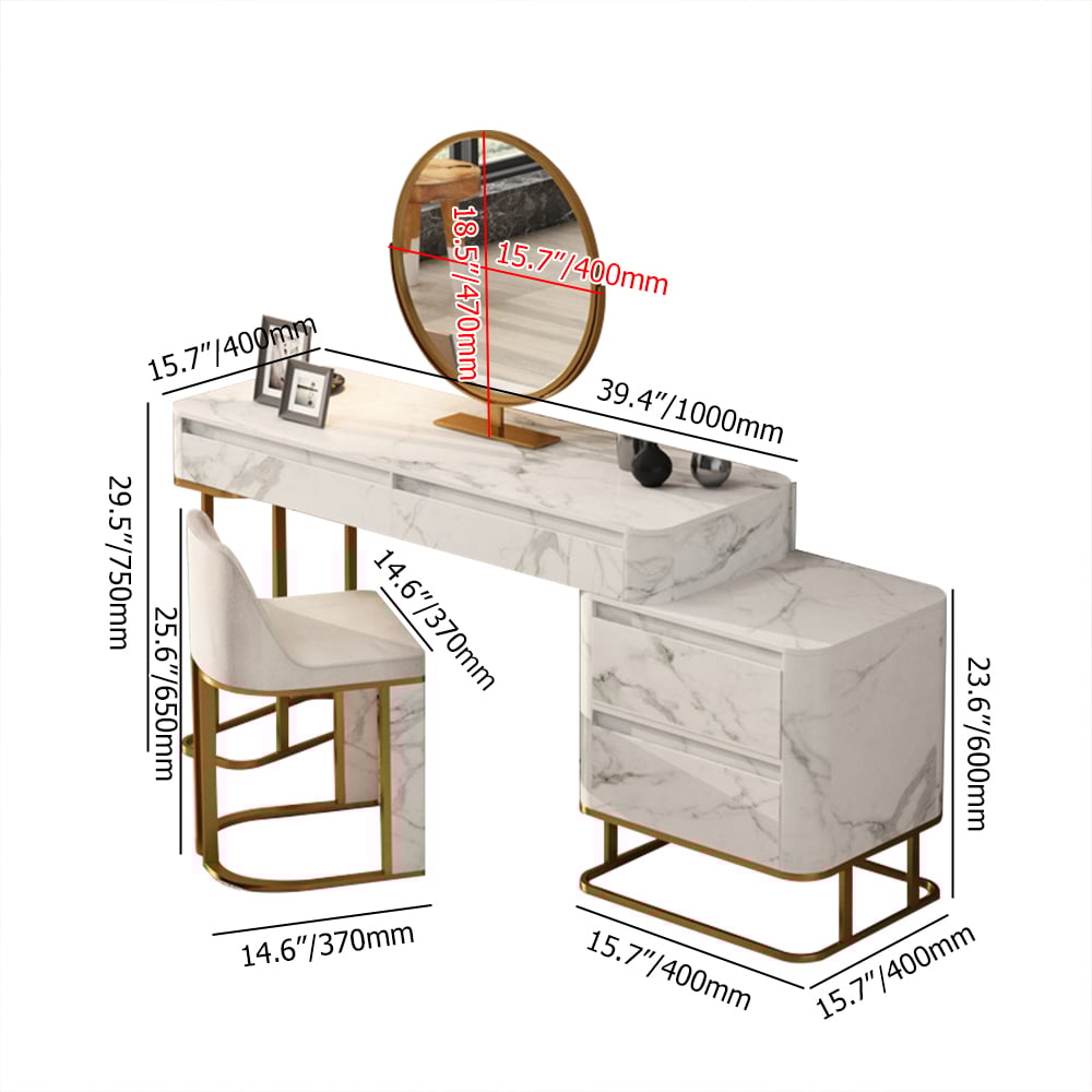 Nordic Sintered Stone Top Make-up ijdelheid met bijzettafel en kruk en spiegel Vensterafbeelding