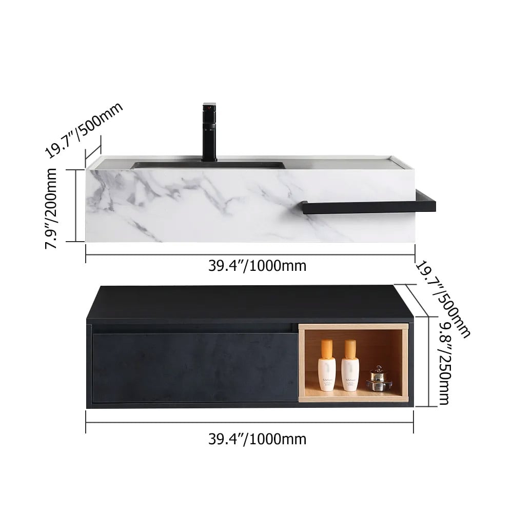 Black Floating Bathroom Vanity Faux Marble & Sintered Stone Top Ceramics Undermount Sink window image