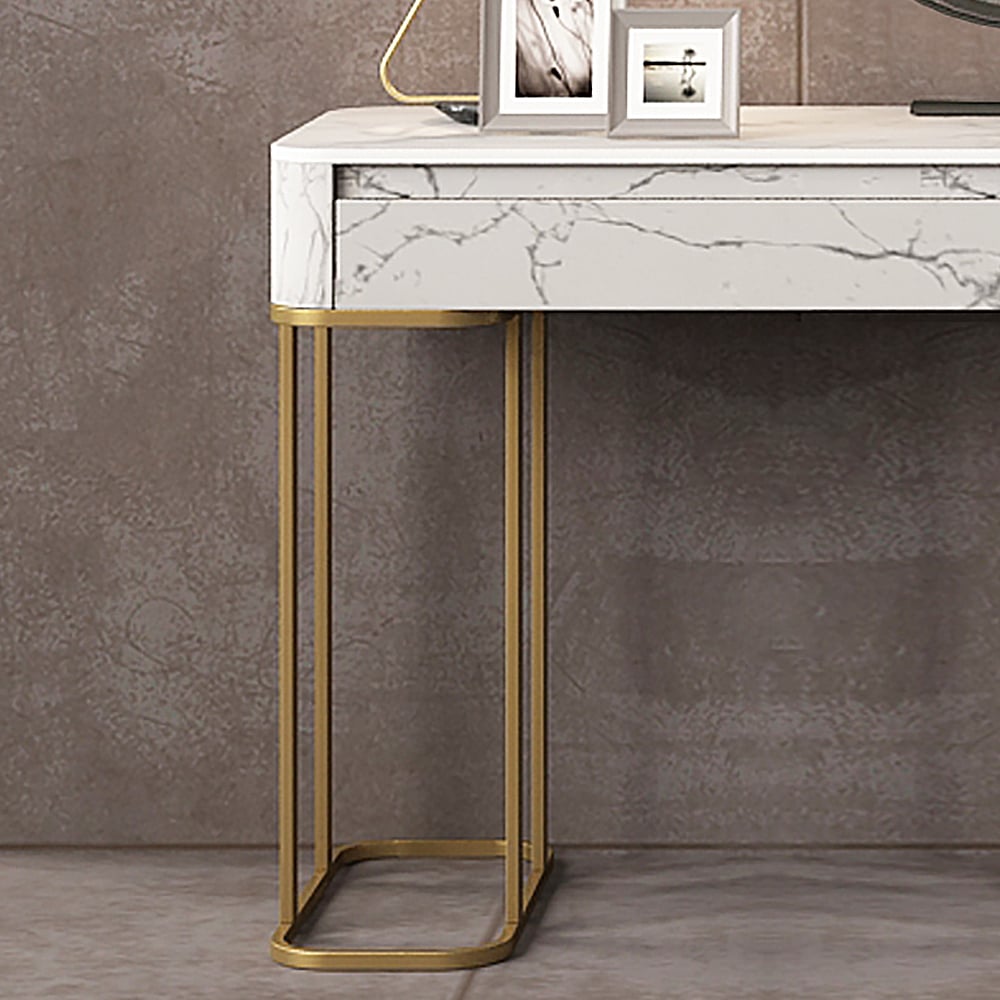 Nordic Sintered Stone Top Make-up ijdelheid met bijzettafel en kruk en spiegel Vensterafbeelding