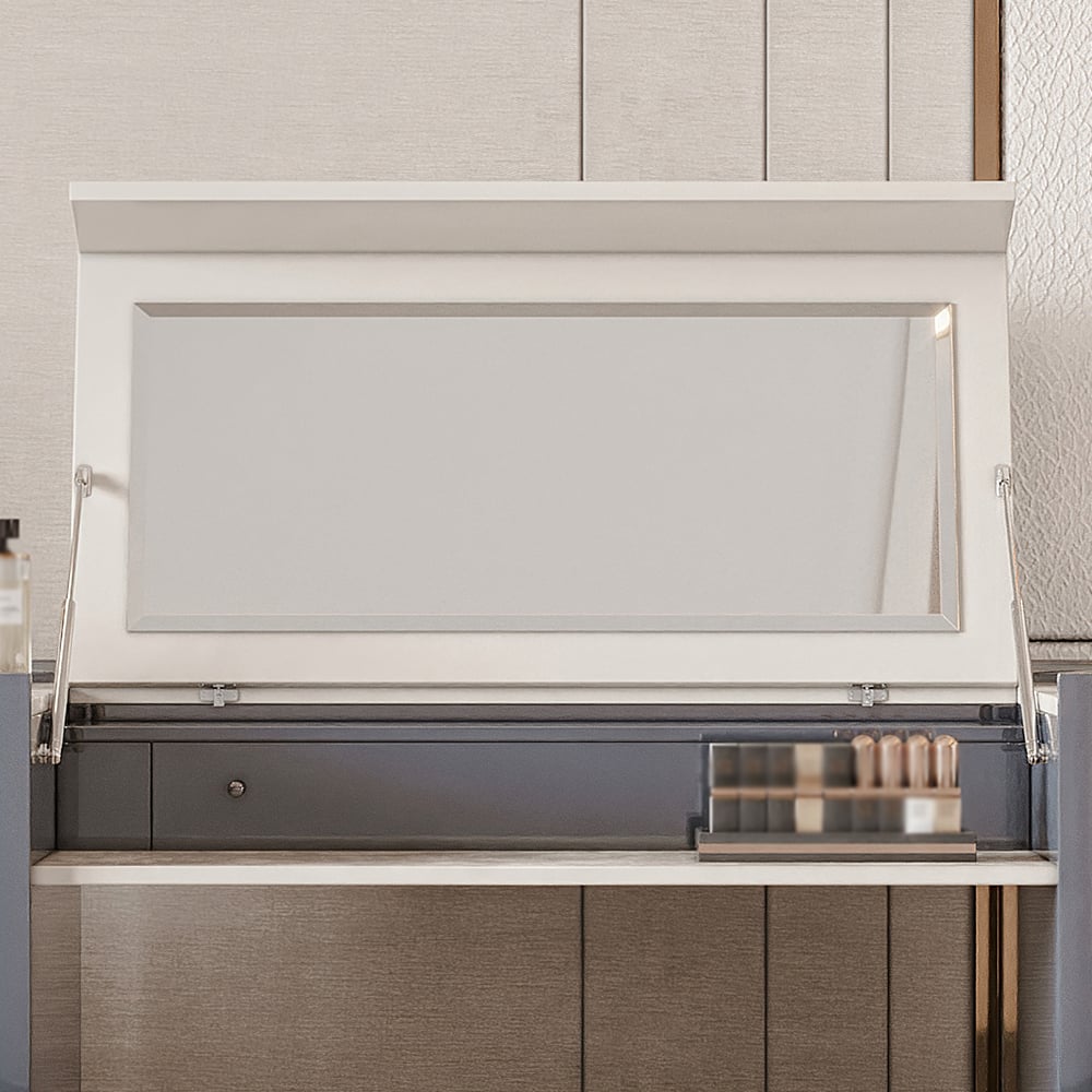 Miroir de coiffeuse à rabat moderne inclus en blanc et gris foncé image de fenêtre