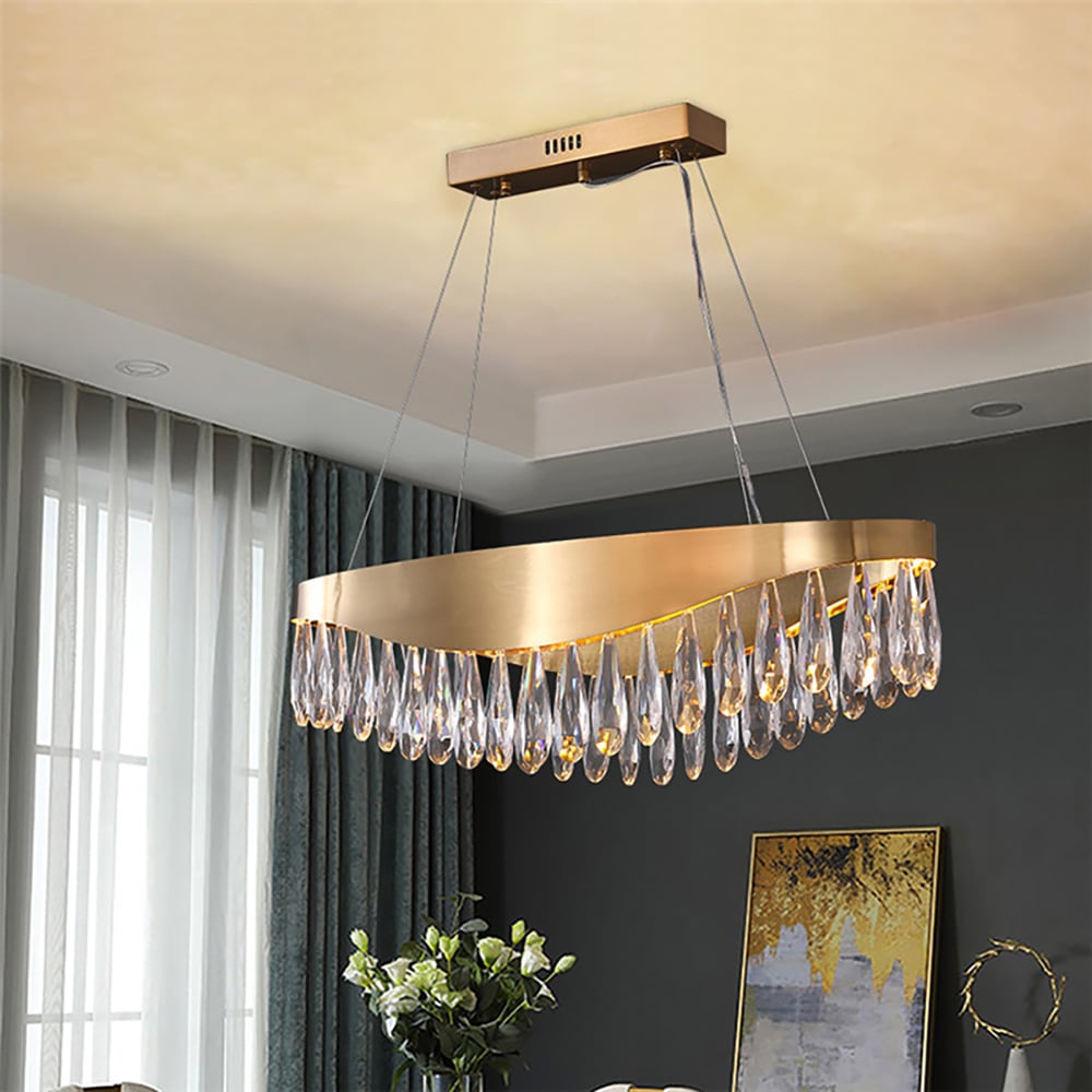 Modern Raindrop Crystal Dimmable LED Kitchen Island Light in Brass window image