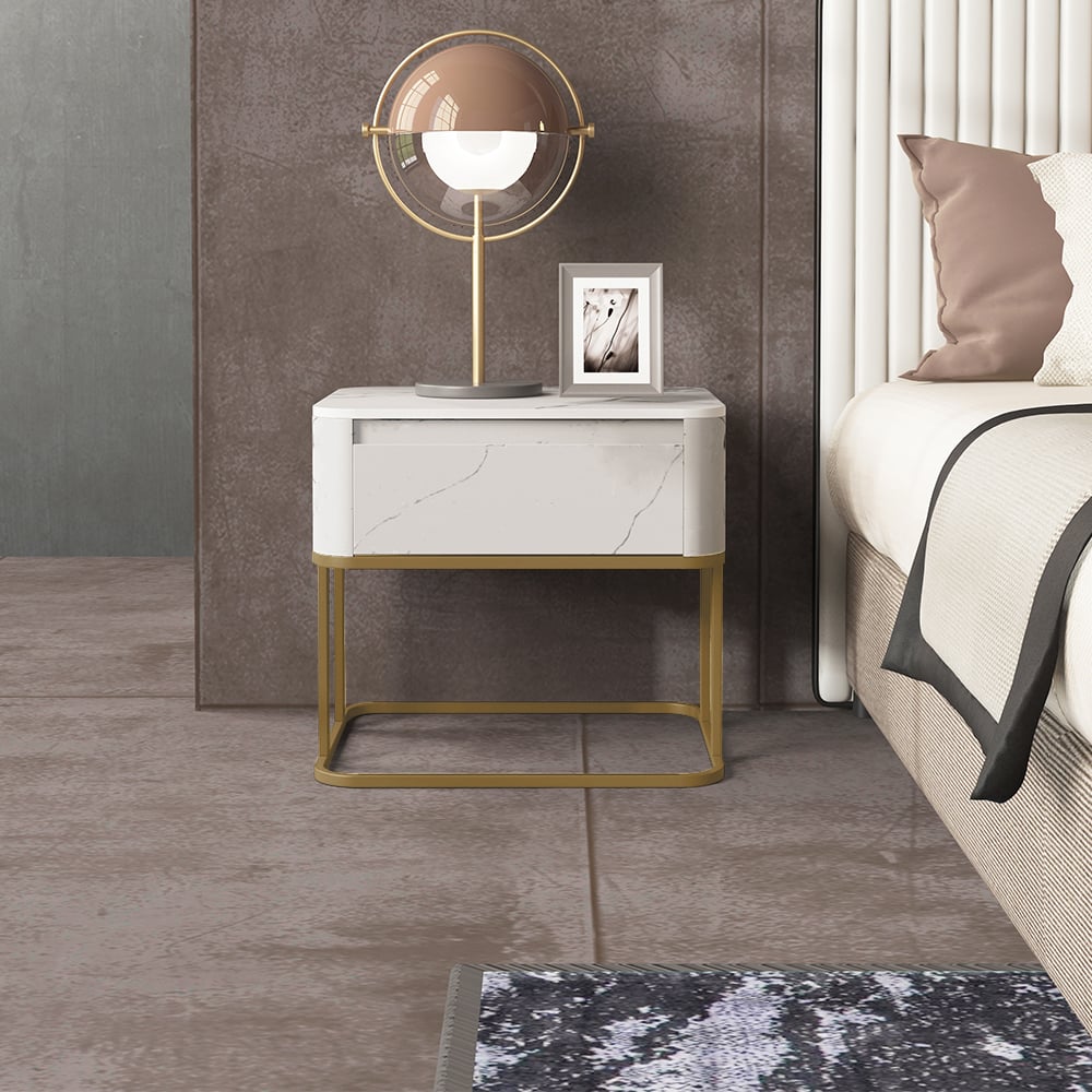 Modern White Sintered Stone Top Nightstand with Drawers Bedside Table with Marble Look window image