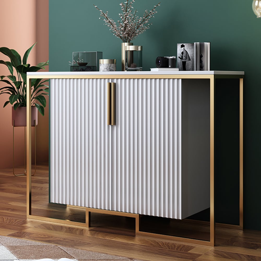 Contemporary White Slatted Accent Cabinet with Geometric Golden Frame window image