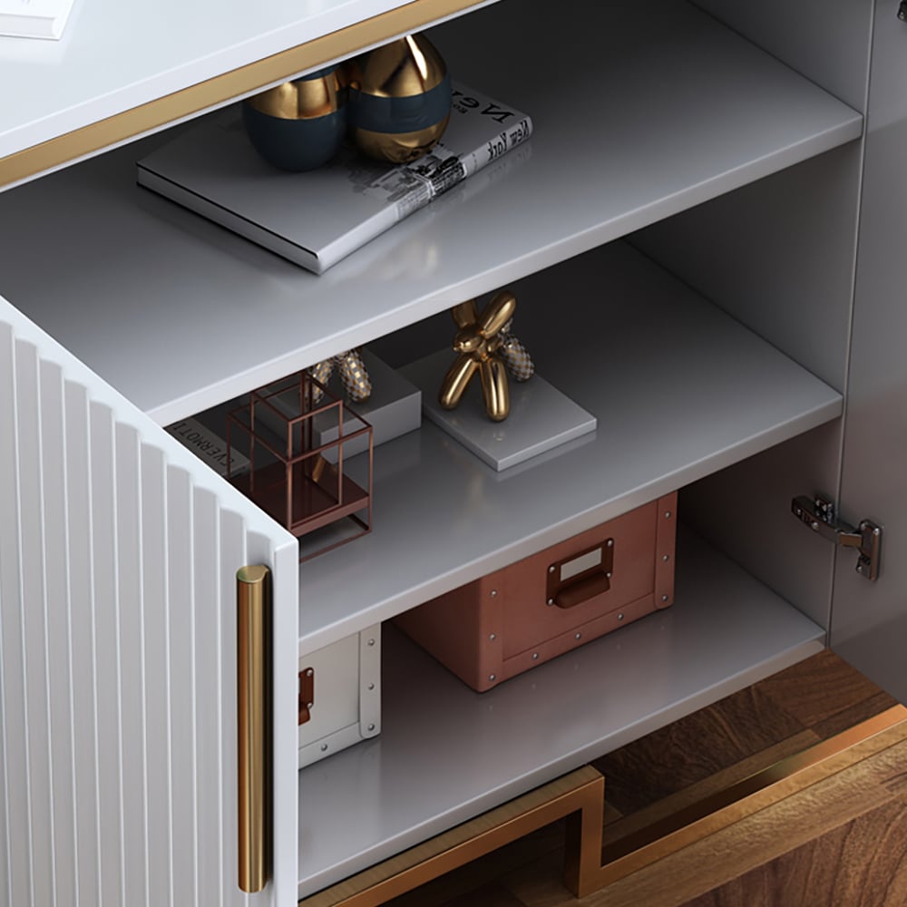 Contemporary White Slatted Accent Cabinet with Geometric Golden Frame window image