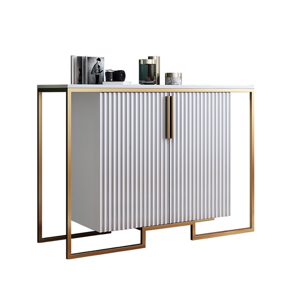Contemporary White Slatted Accent Cabinet with Geometric Golden Frame window image