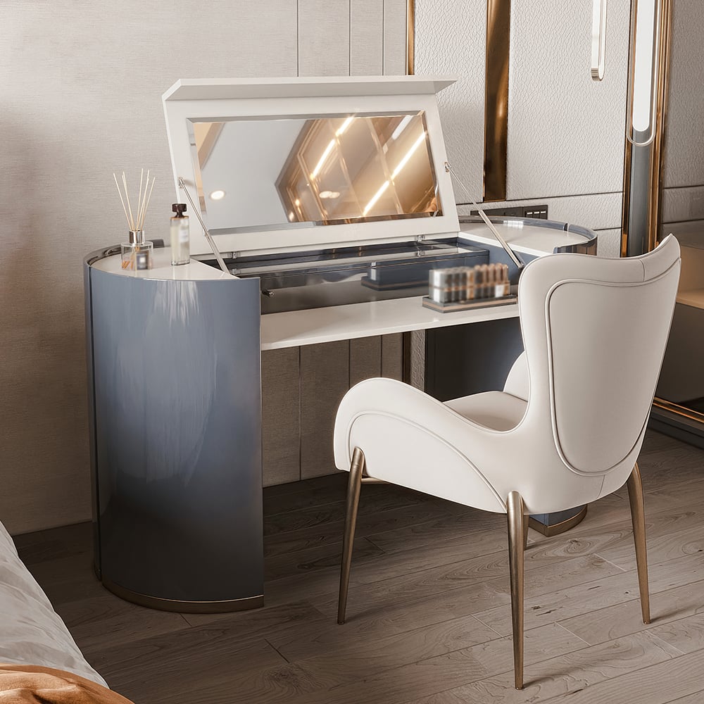 Miroir de coiffeuse à rabat moderne inclus en blanc et gris foncé image de fenêtre