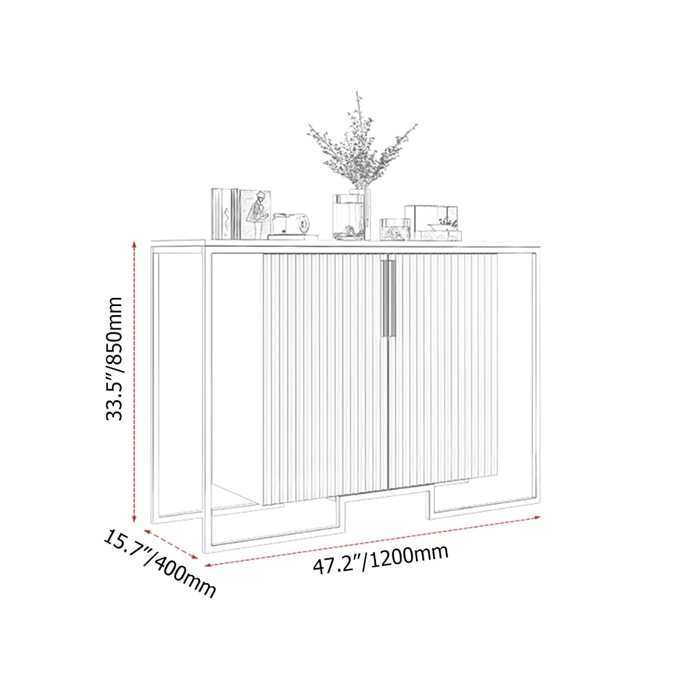 Contemporary White Slatted Accent Cabinet with Geometric Golden Frame window image