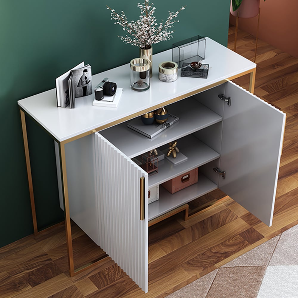 Contemporary White Slatted Accent Cabinet with Geometric Golden Frame window image