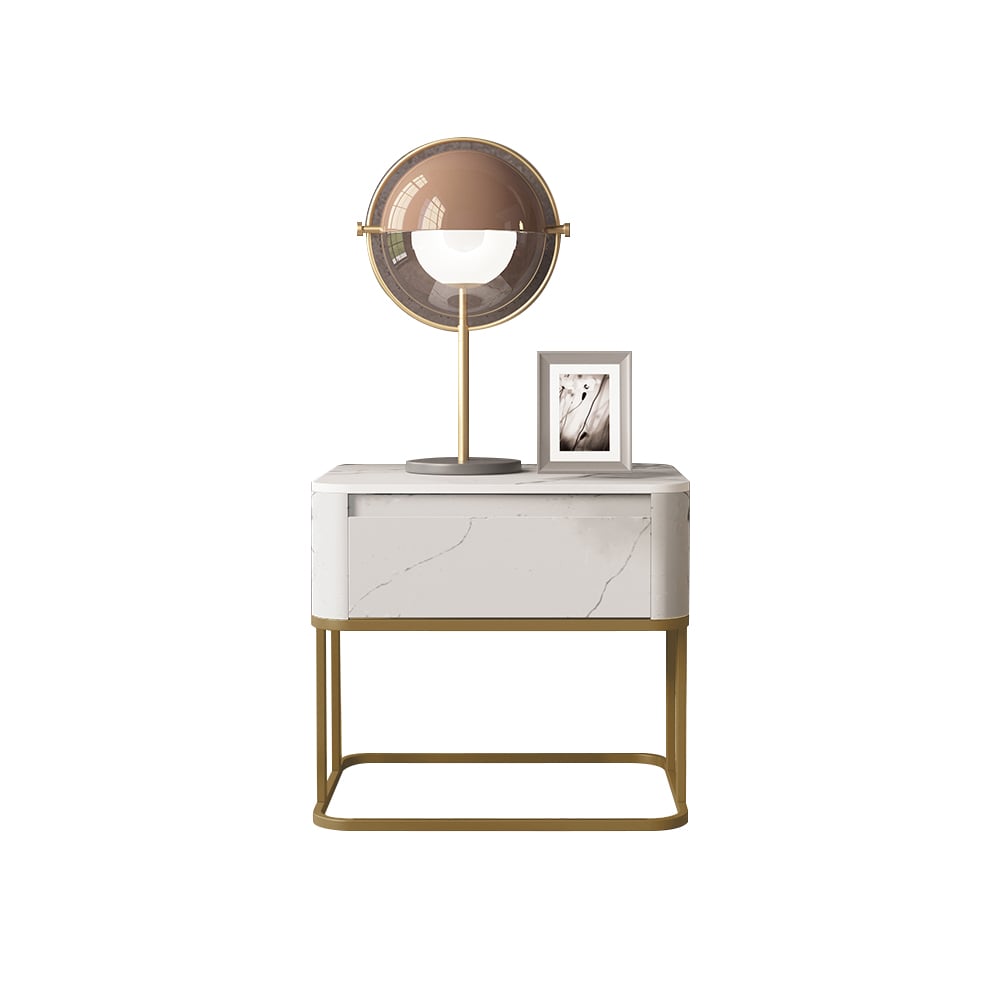 Modern White Sintered Stone Top Nightstand with Drawers Bedside Table with Marble Look window image