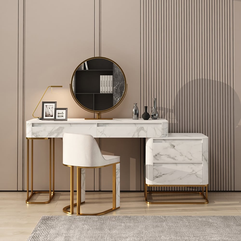 Nordic Sintered Stone Top Make-up ijdelheid met bijzettafel en kruk en spiegel Vensterafbeelding