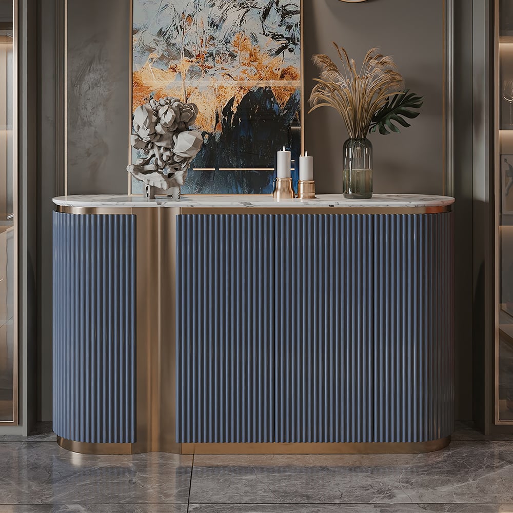Aparador buffet moderno de mármol sintético azul de 1500 mm con 4 puertas imagen de ventana