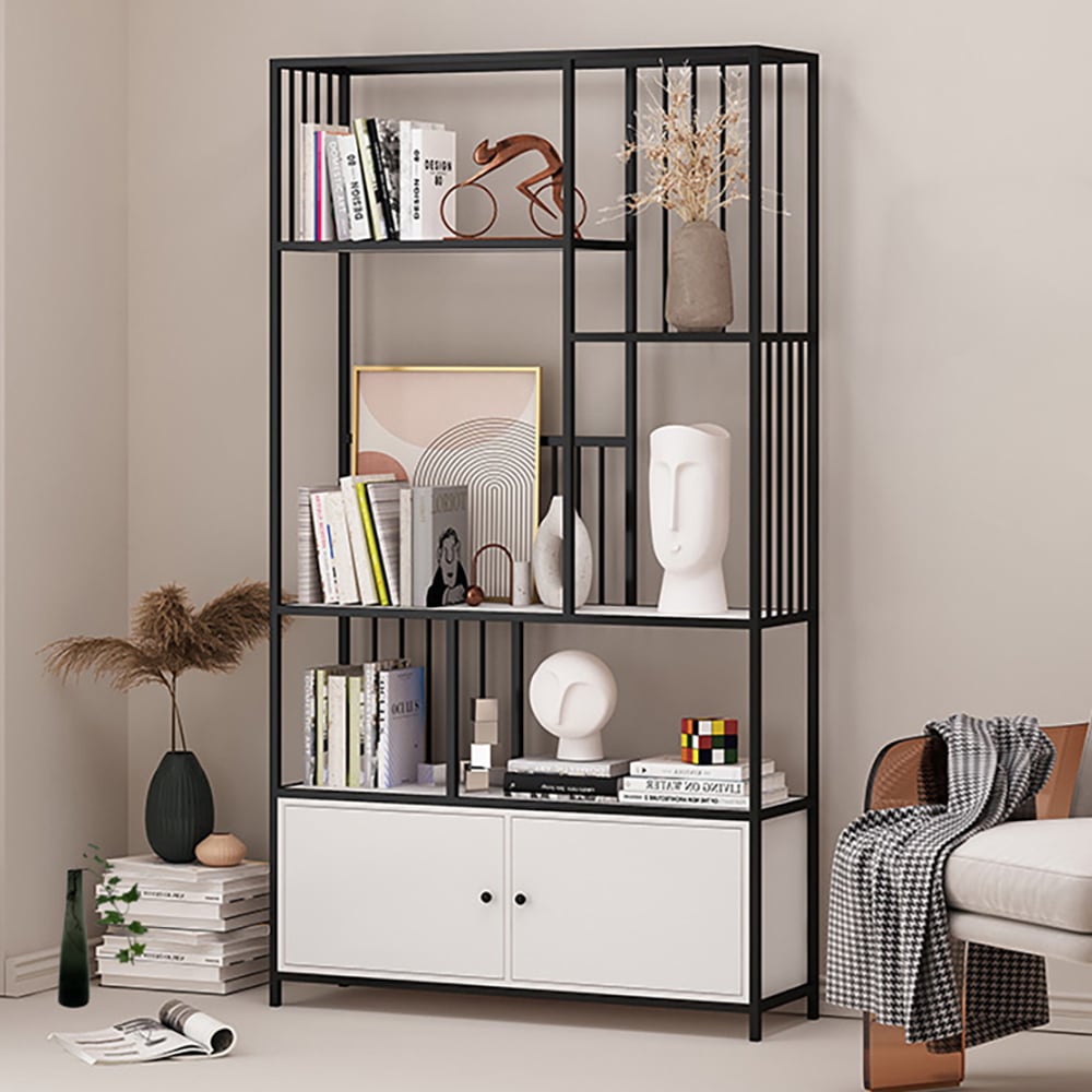 1800mm Modern 4-Tier Geometric Bookshelf with 2 Doors in White & Black window image