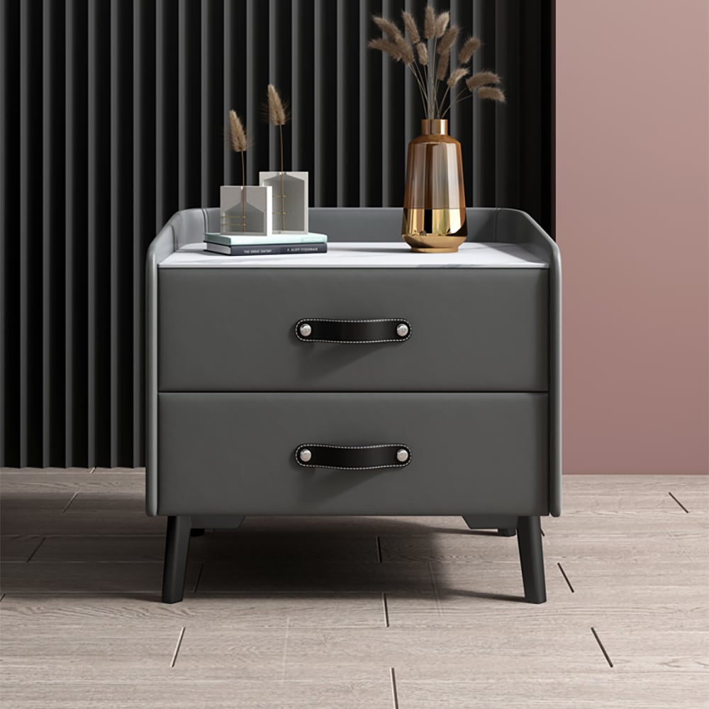 Modern Gray Sintered Stone-top Nightstand in Faux Leather with 2 Drawers window image
