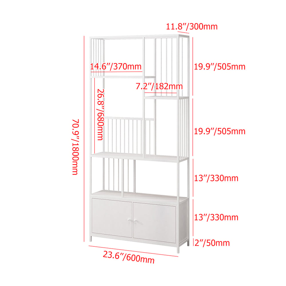 70" Modern 4-Tier Geometric Bookshelf with 2 Doors in White window image