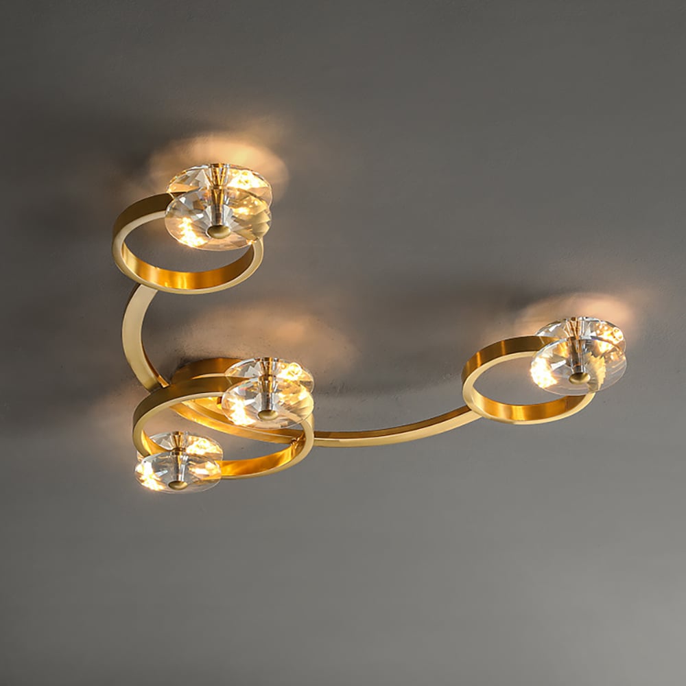 Moderne gouden ring 8-licht kristallen semi-inbouw plafondlamp Vensterafbeelding