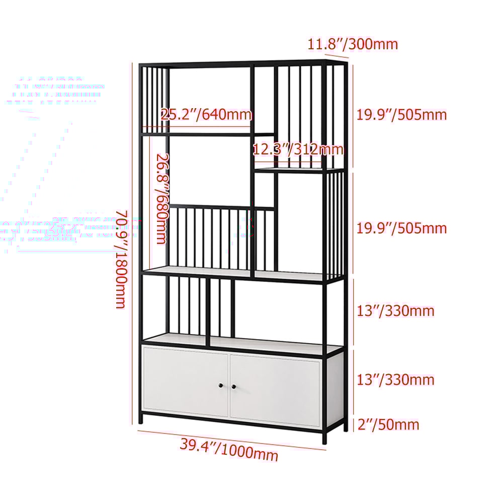 1800mm Modern 4-Tier Geometric Bookshelf with 2 Doors in White & Black window image