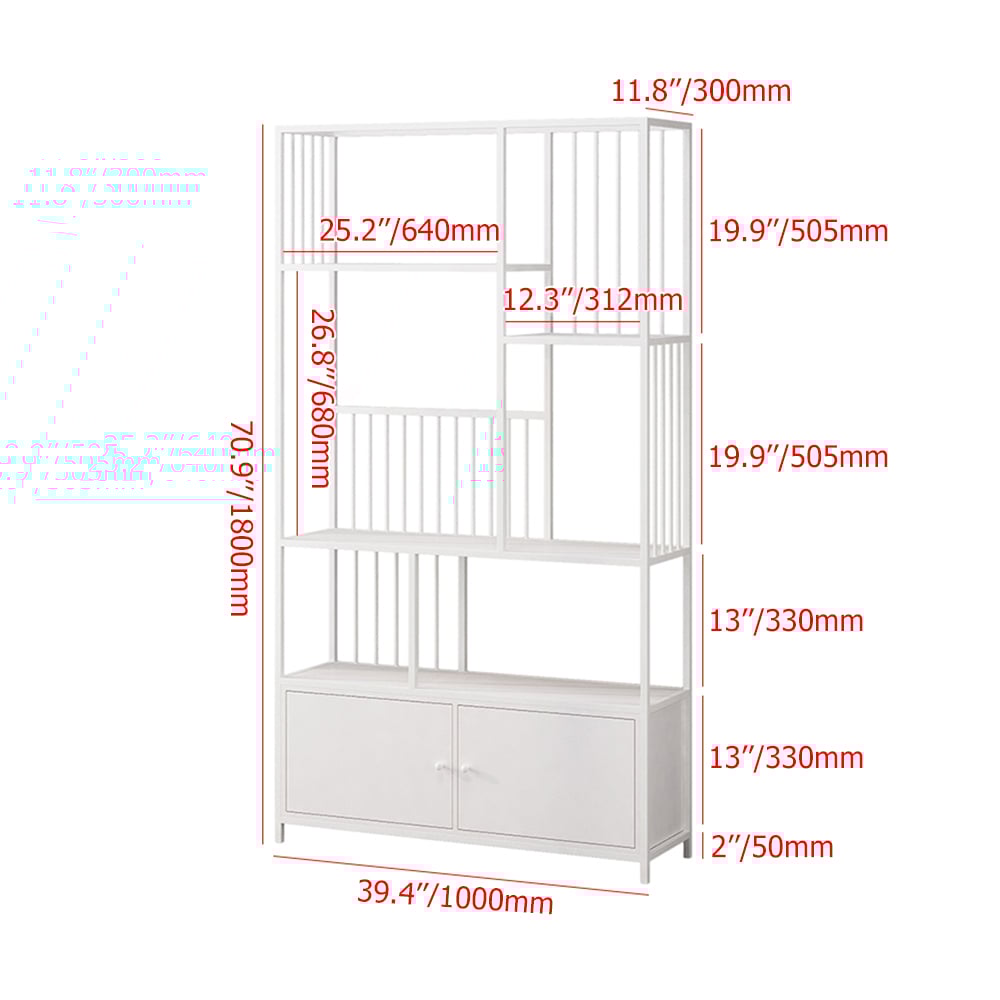 70" Modern 4-Tier Geometric Bookshelf with 2 Doors in White window image