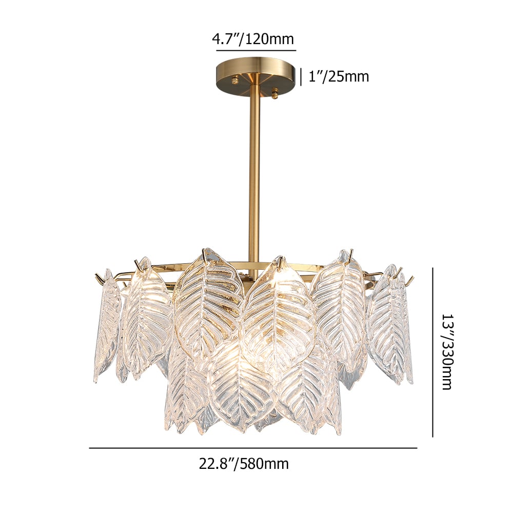 Contemporary Tiered 10-Light Glass Leaf Chandelier with Frame in Brass weights dimensions image