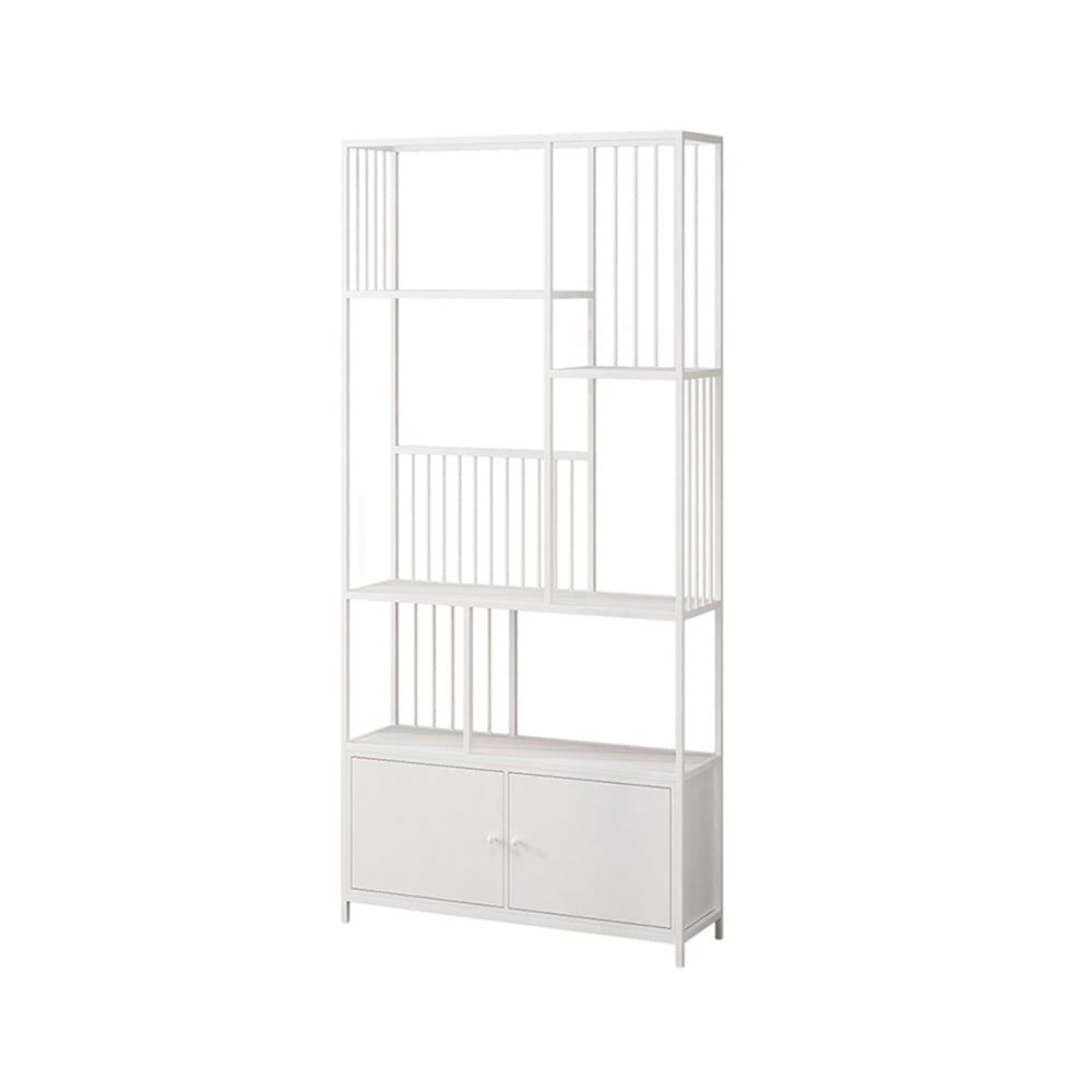 70" Modern 4-Tier Geometric Bookshelf with 2 Doors in White window image