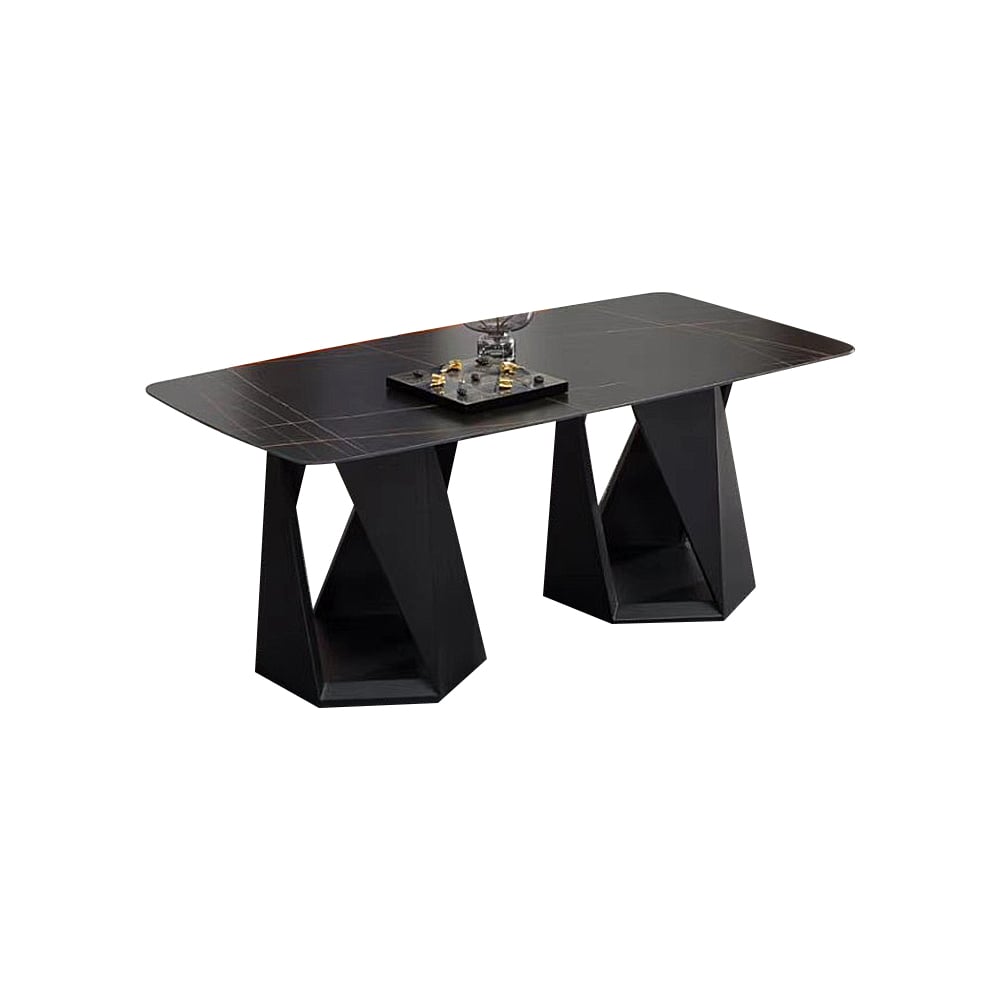 Klassischer schwarzer rechteckiger Esstisch mit gesinterter Steinplatte und Basis aus Kohlenstoffstahl Schaufensterbilder