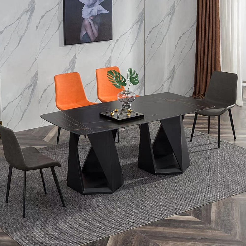 Klassischer schwarzer rechteckiger Esstisch mit gesinterter Steinplatte und Basis aus Kohlenstoffstahl Schaufensterbilder