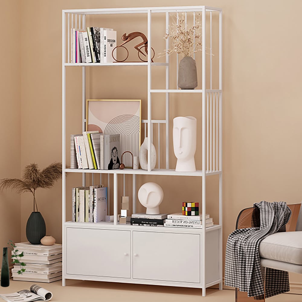 70" Modern 4-Tier Geometric Bookshelf with 2 Doors in White window image