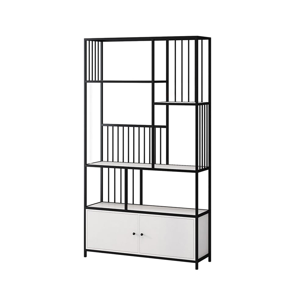 1800mm Modern 4-Tier Geometric Bookshelf with 2 Doors in White & Black window image