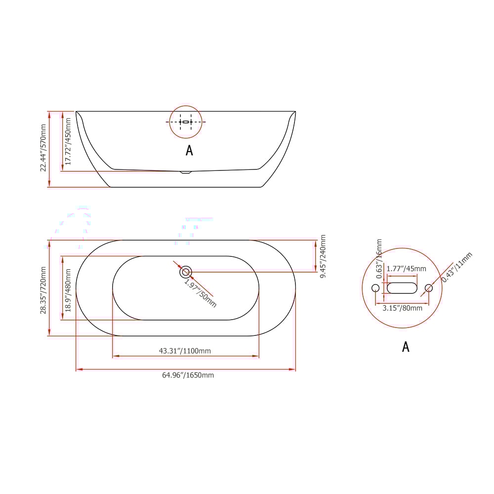 1650mm acryl ovaal vrijstaand modern ligbad in wit Afbeelding met gewichten en afmetingen