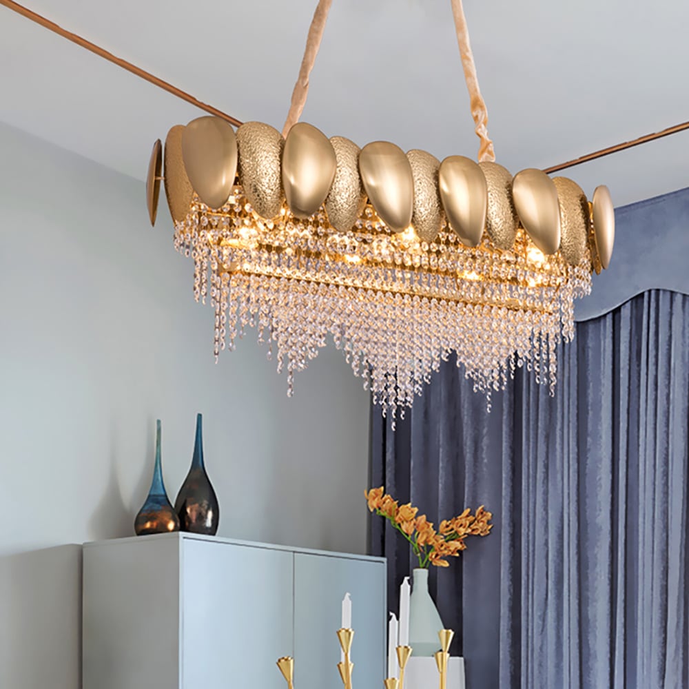 Crystal Raindrop Kitchen Island Light with Creative Golden Egg Shade window image