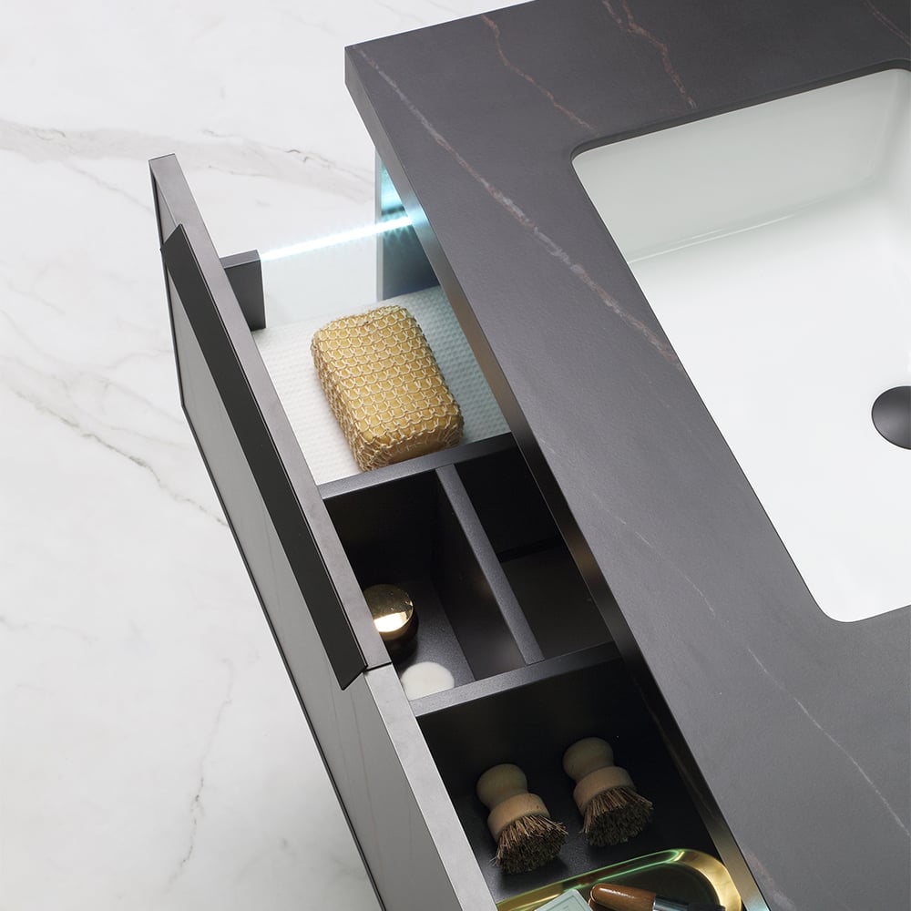 Meuble-lavabo flottant noir moderne de 31 po avec tiroir sous comptoir en pierre frittée image de fenêtre