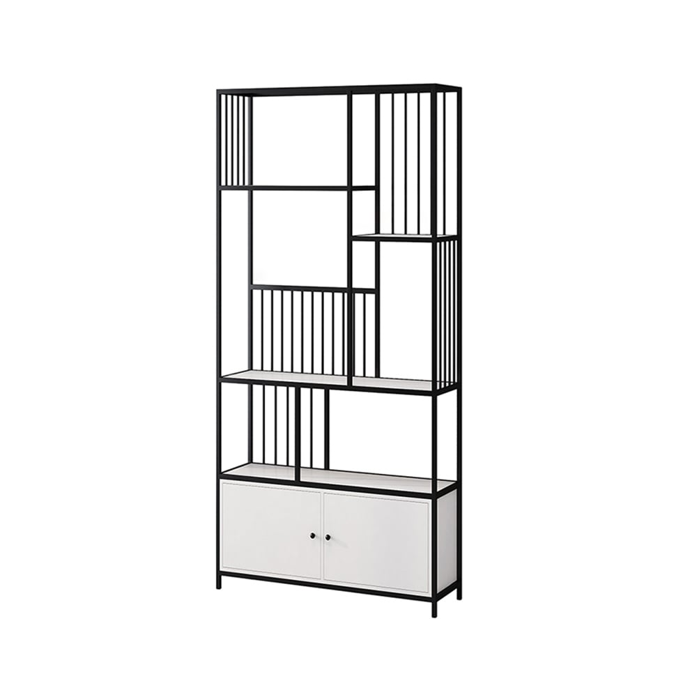 1800mm Modern 4-Tier Geometric Bookshelf with 2 Doors in White & Black window image
