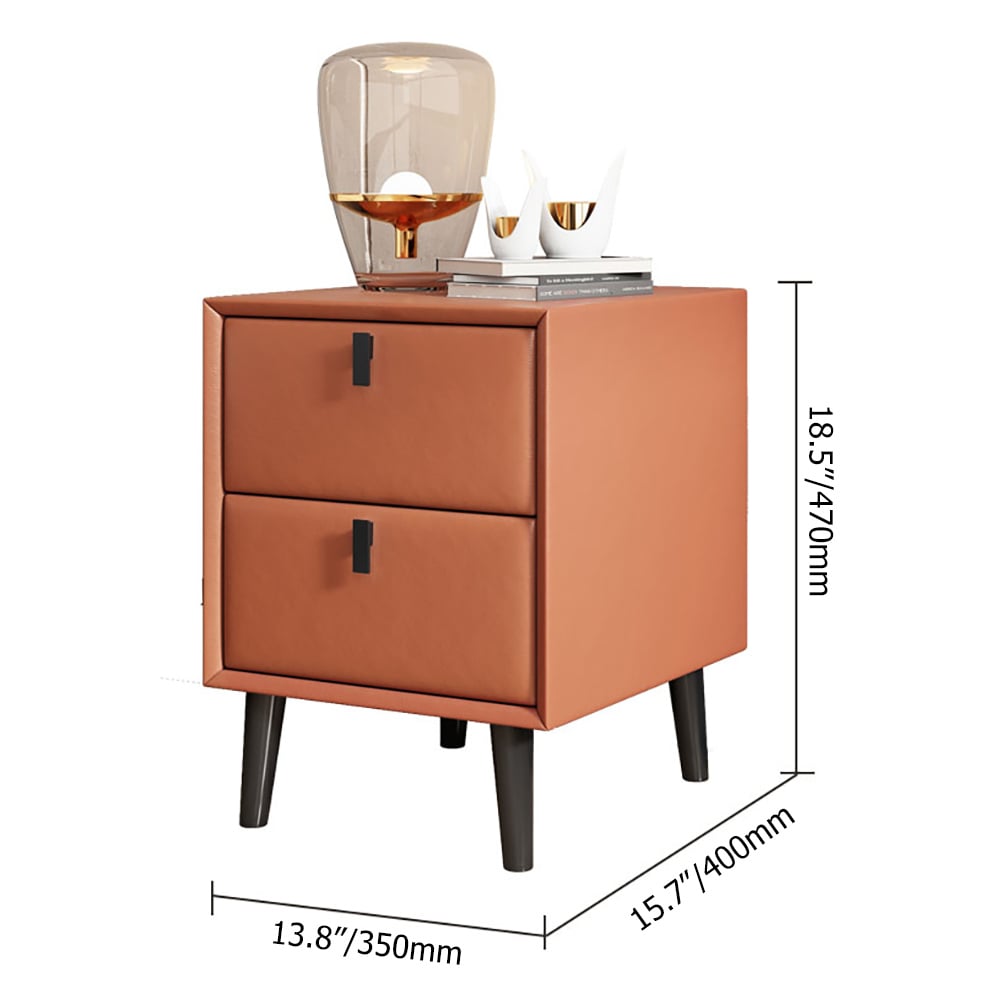 Modern Orange Faux Leather Nightstand in Pine Wood with 2 Drawer weights dimensions image
