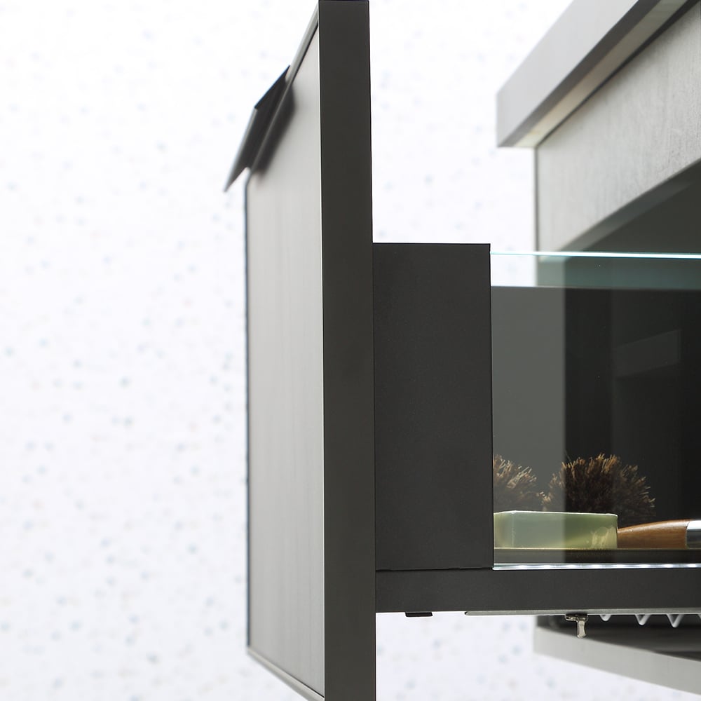 Meuble-lavabo flottant noir moderne de 31 po avec tiroir sous comptoir en pierre frittée image de fenêtre