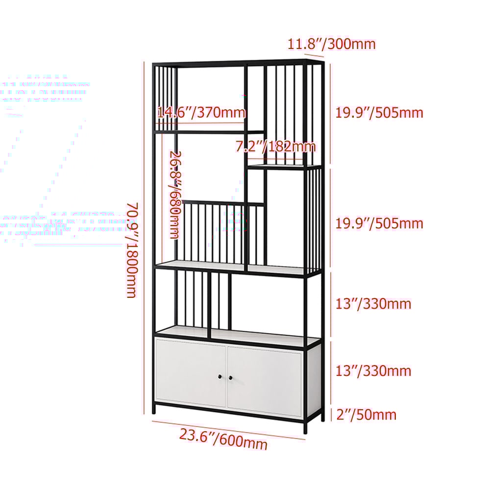 1800mm Modern 4-Tier Geometric Bookshelf with 2 Doors in White & Black window image