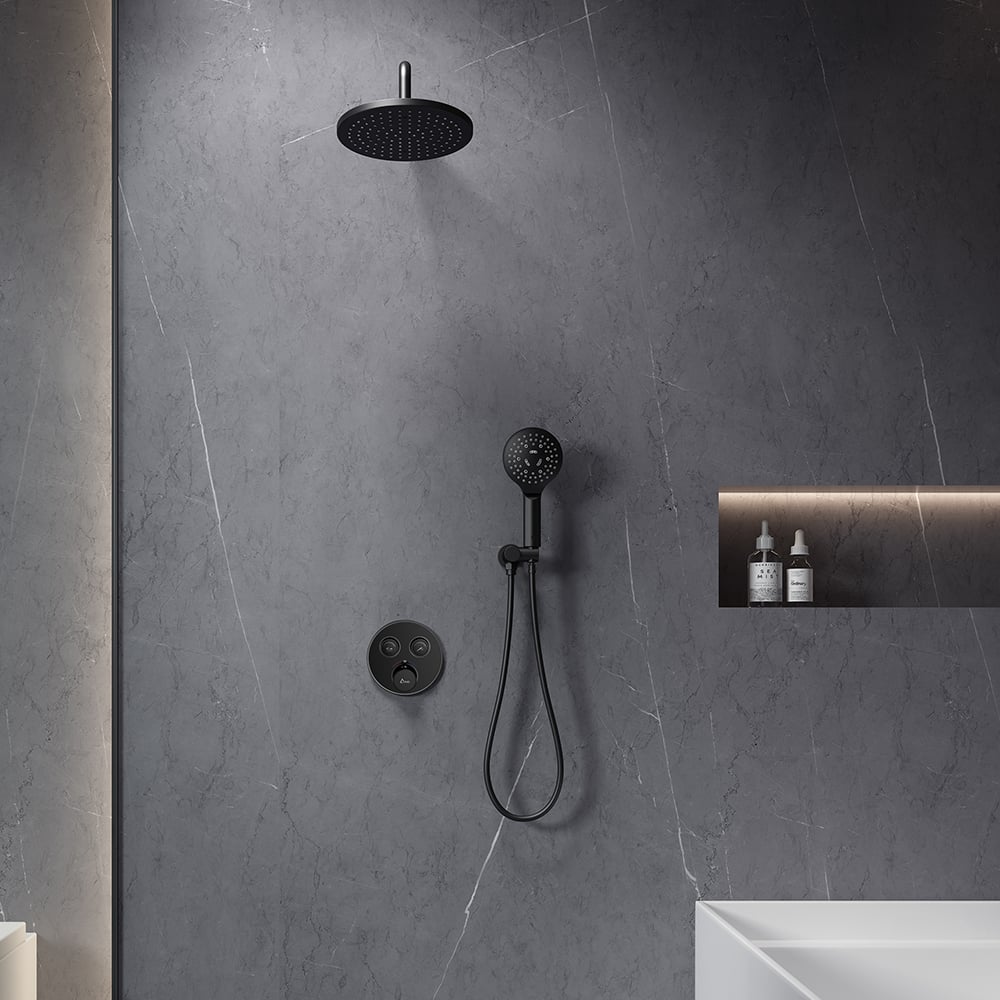 Juego de ducha tipo lluvia montado en pared con válvula mezcladora termostática en negro Imagen de ventana