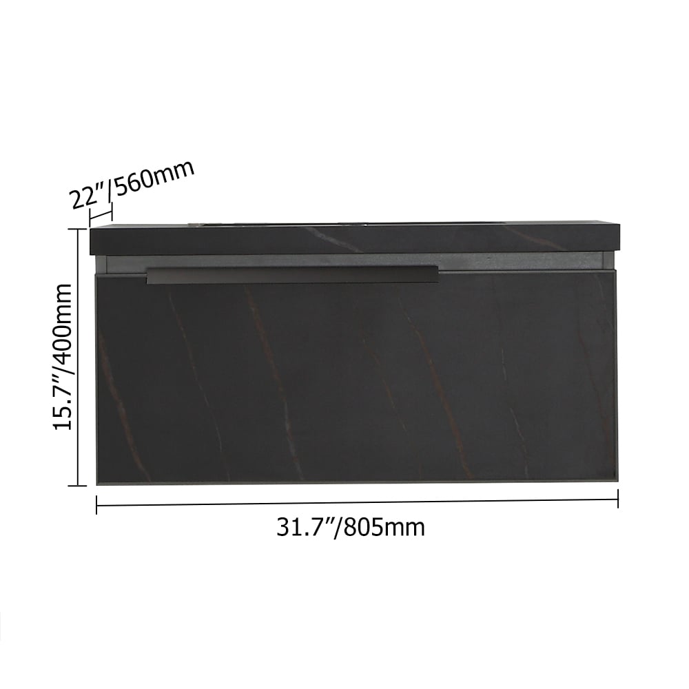 Meuble-lavabo flottant noir moderne de 31 po avec tiroir sous comptoir en pierre frittée image de fenêtre