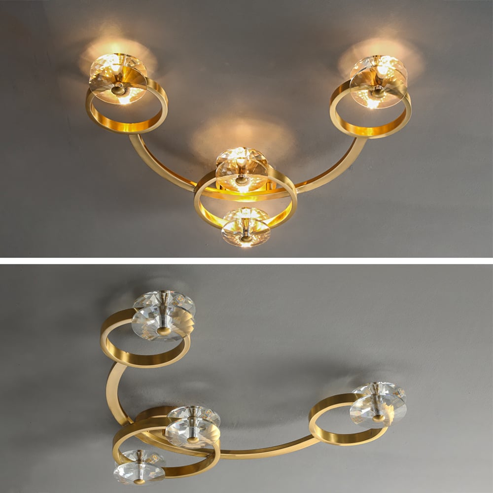 Moderne gouden ring 8-licht kristallen semi-inbouw plafondlamp Vensterafbeelding