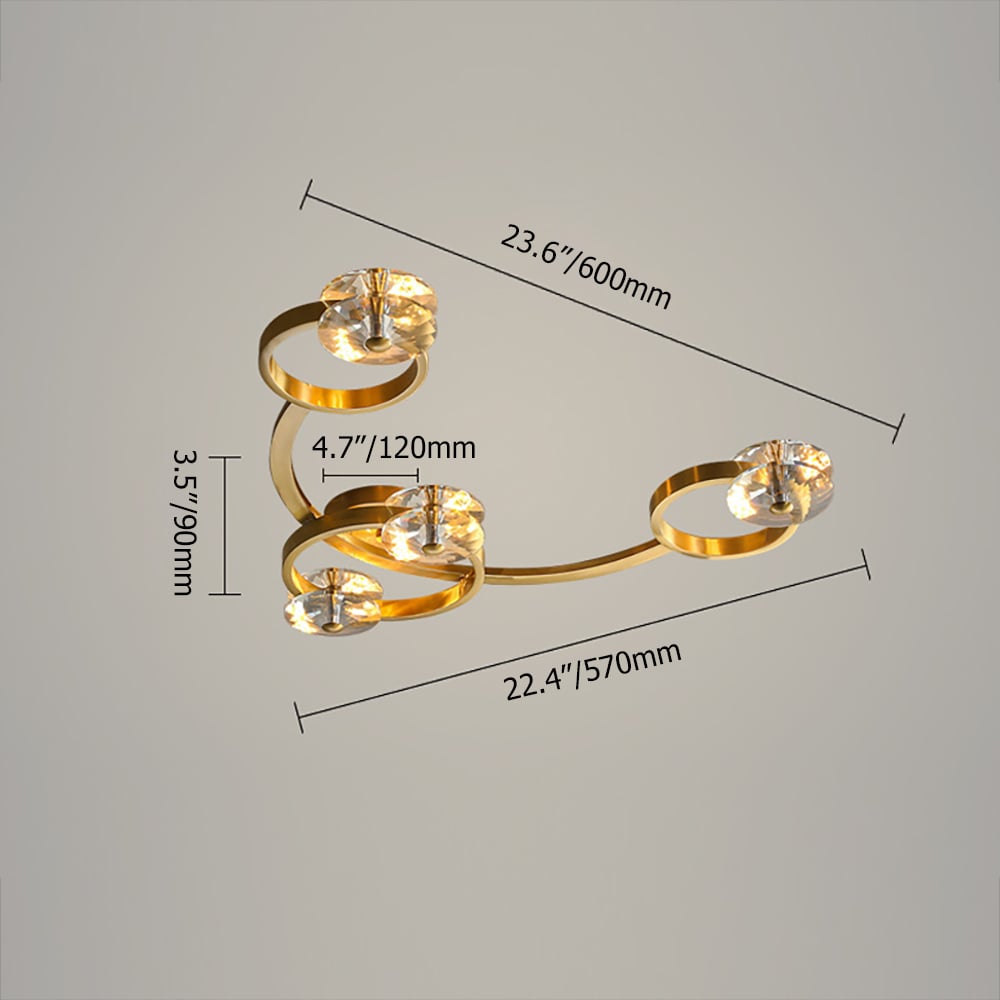 Moderne gouden ring 8-licht kristallen semi-inbouw plafondlamp Vensterafbeelding