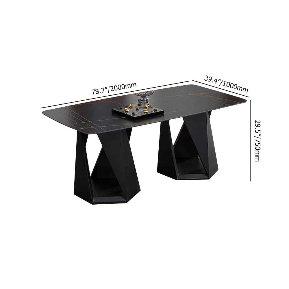 Klassischer schwarzer rechteckiger Esstisch mit gesinterter Steinplatte und Basis aus Kohlenstoffstahl Schaufensterbilder