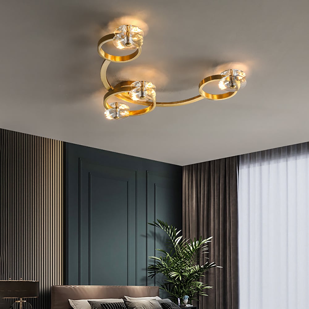 Moderne gouden ring 8-licht kristallen semi-inbouw plafondlamp Vensterafbeelding
