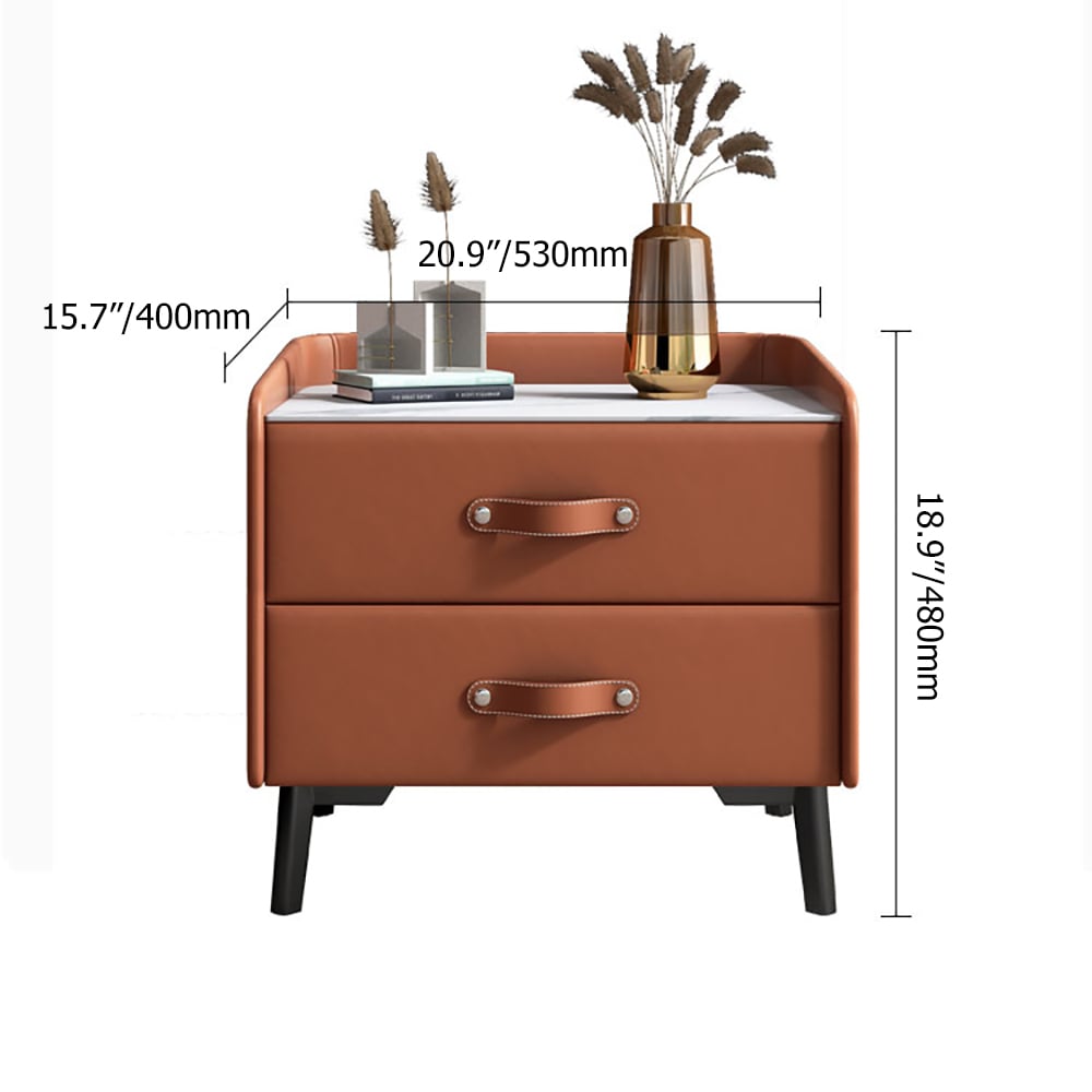 Modern Gray Sintered Stone-top Nightstand in Faux Leather with 2 Drawers weights dimensions image