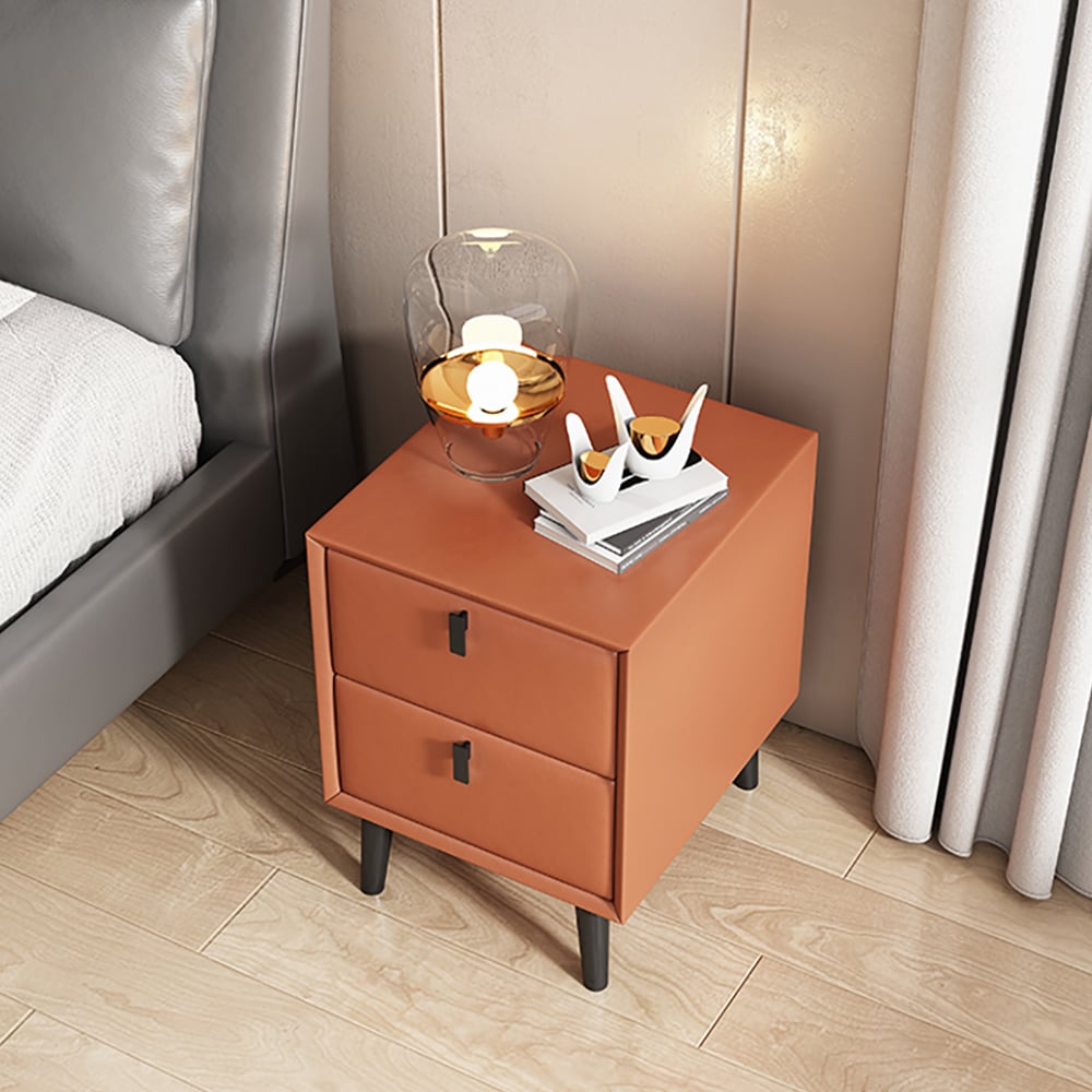 Modern Orange Faux Leather Nightstand in Pine Wood with 2 Drawer window image