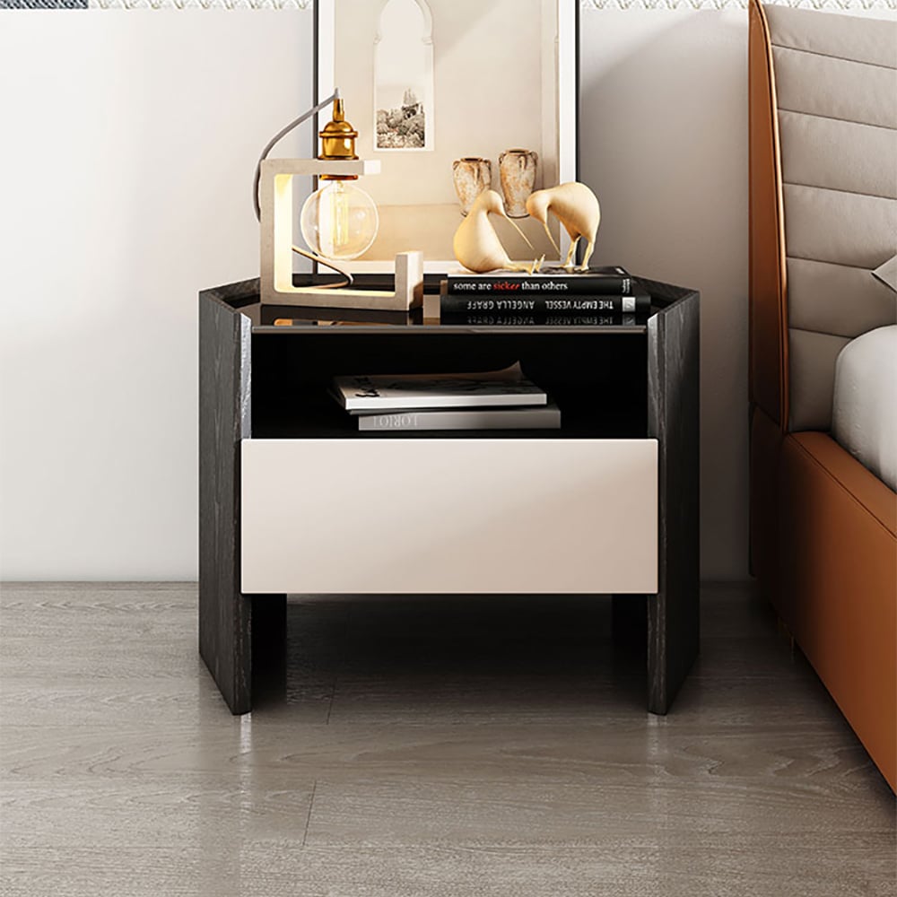 Mesita de noche negra de madera contrachapada minimalista con cajón y estante Imagen de ventana