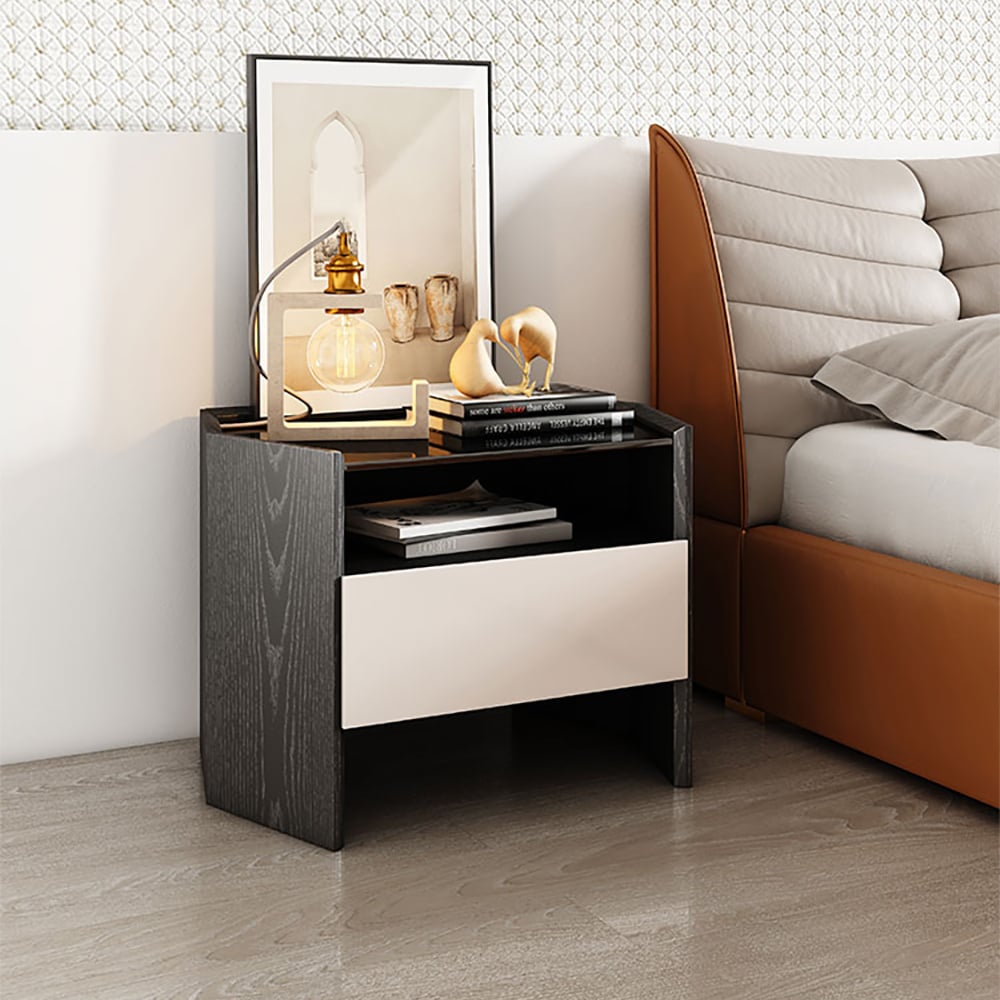 Mesita de noche negra de madera contrachapada minimalista con cajón y estante Imagen de ventana