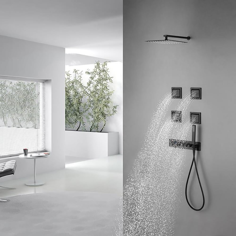 Wall-Mounted 10" Shower System in Matte Black 3-Function Thermostatic window image