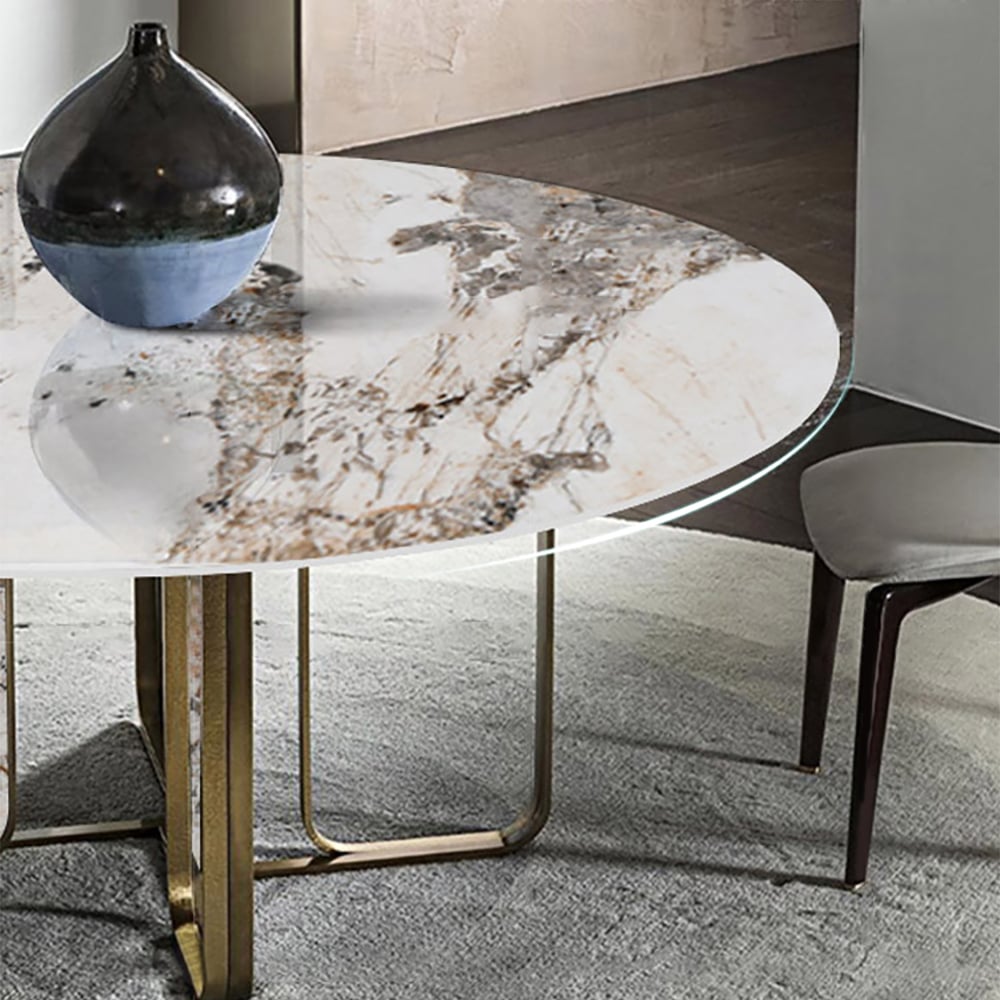 Mesa de comedor contemporánea redonda de 59 pulgadas con parte superior de piedra sinterizada en Pandora & Gold Imagen de ventana