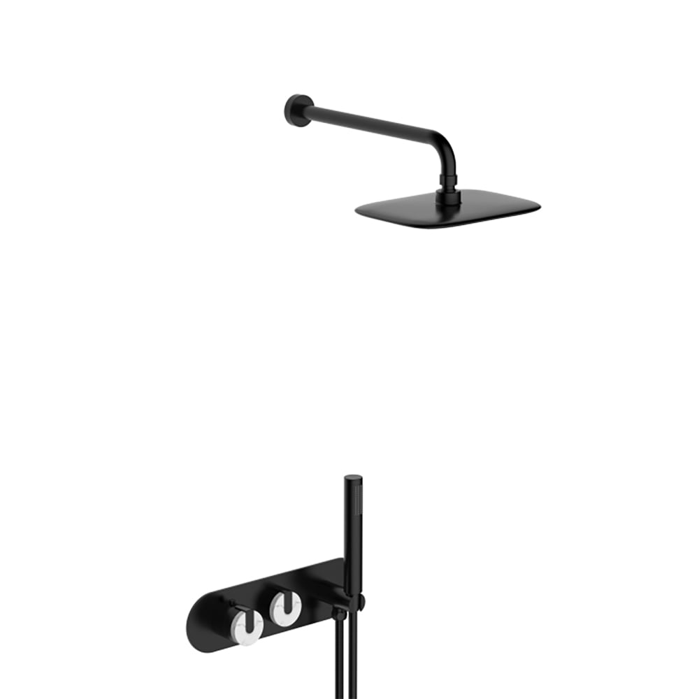Square Wall-Mounted Double Functions Shower System with Shower Head in Black window image