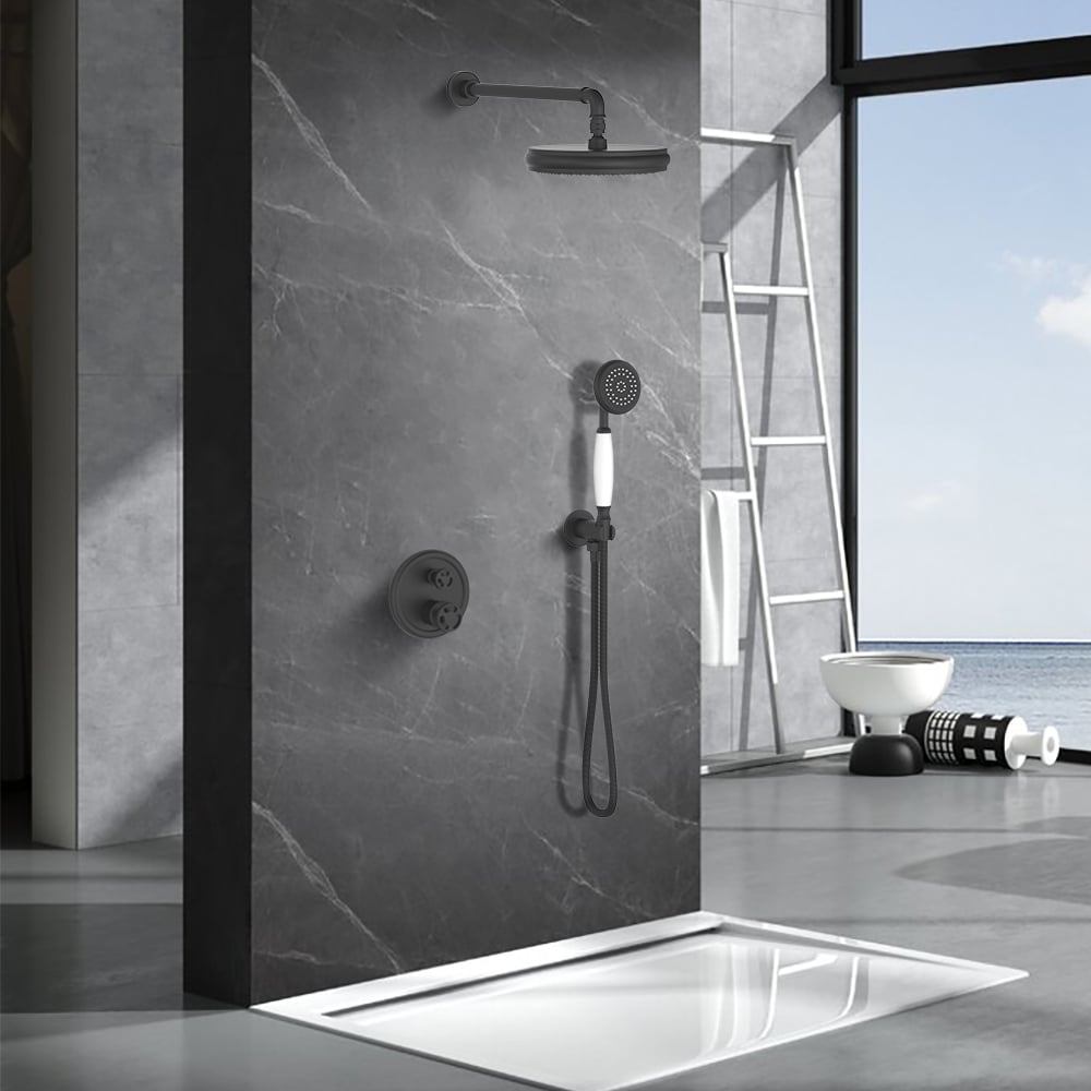 Industrial Style Wall-Mounted 230mm Shower Set in Black 2-Function Shower Fixture window image
