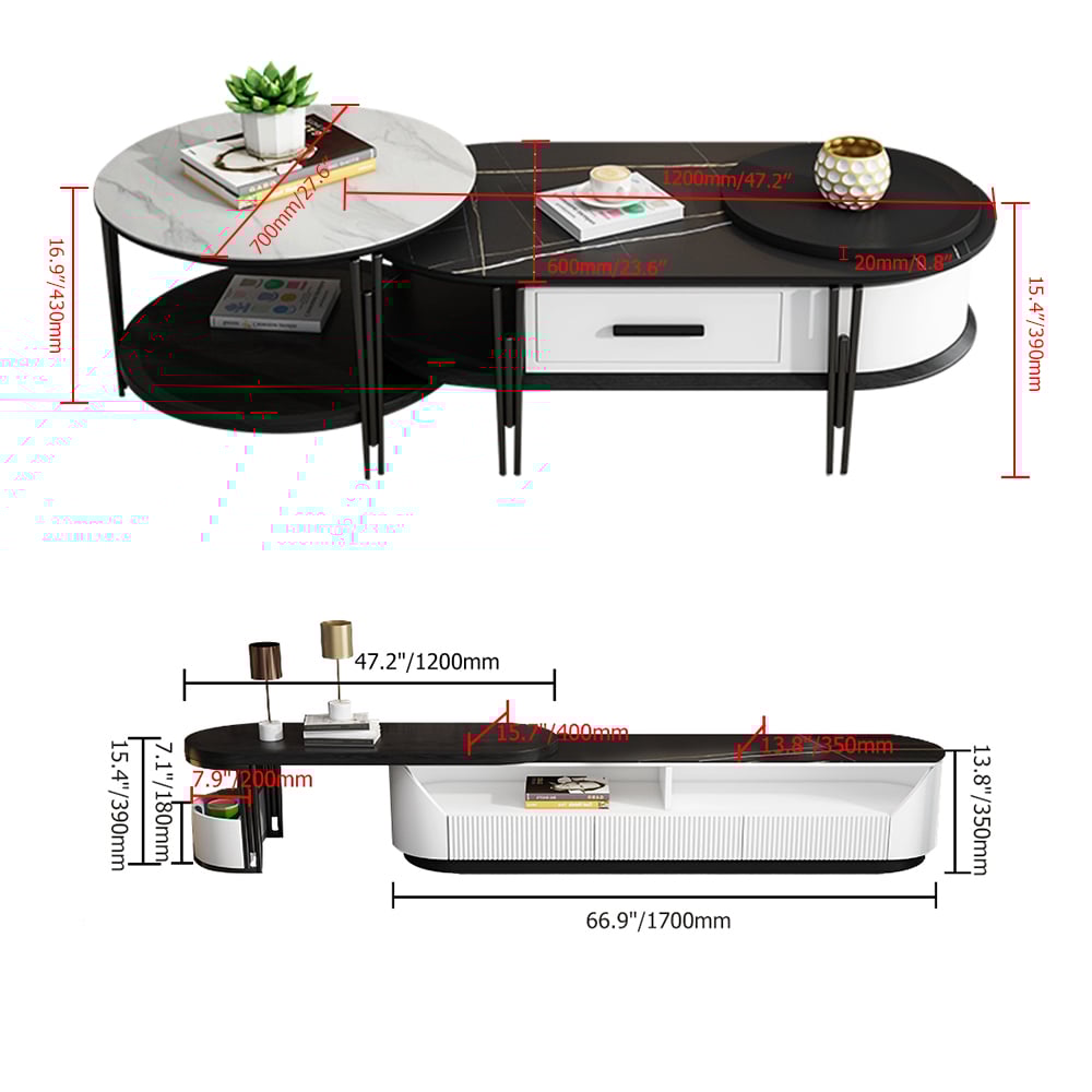 Ensemble de 2 meubles TV et table basse minimalistes avec plateau en pierre frittée et nombreux rangements image de fenêtre